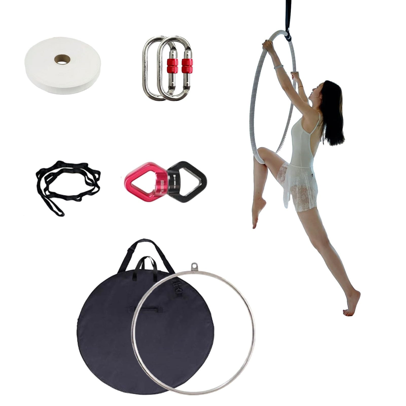 Kunovo Silver Aerial Lyra Hoop Set Fully, Single Point Yoga Ring with Waterproof Storage Bag ? Anti-Slip Tape, Circus Aerial Equipment for Professionals (Size : 85 cm (33