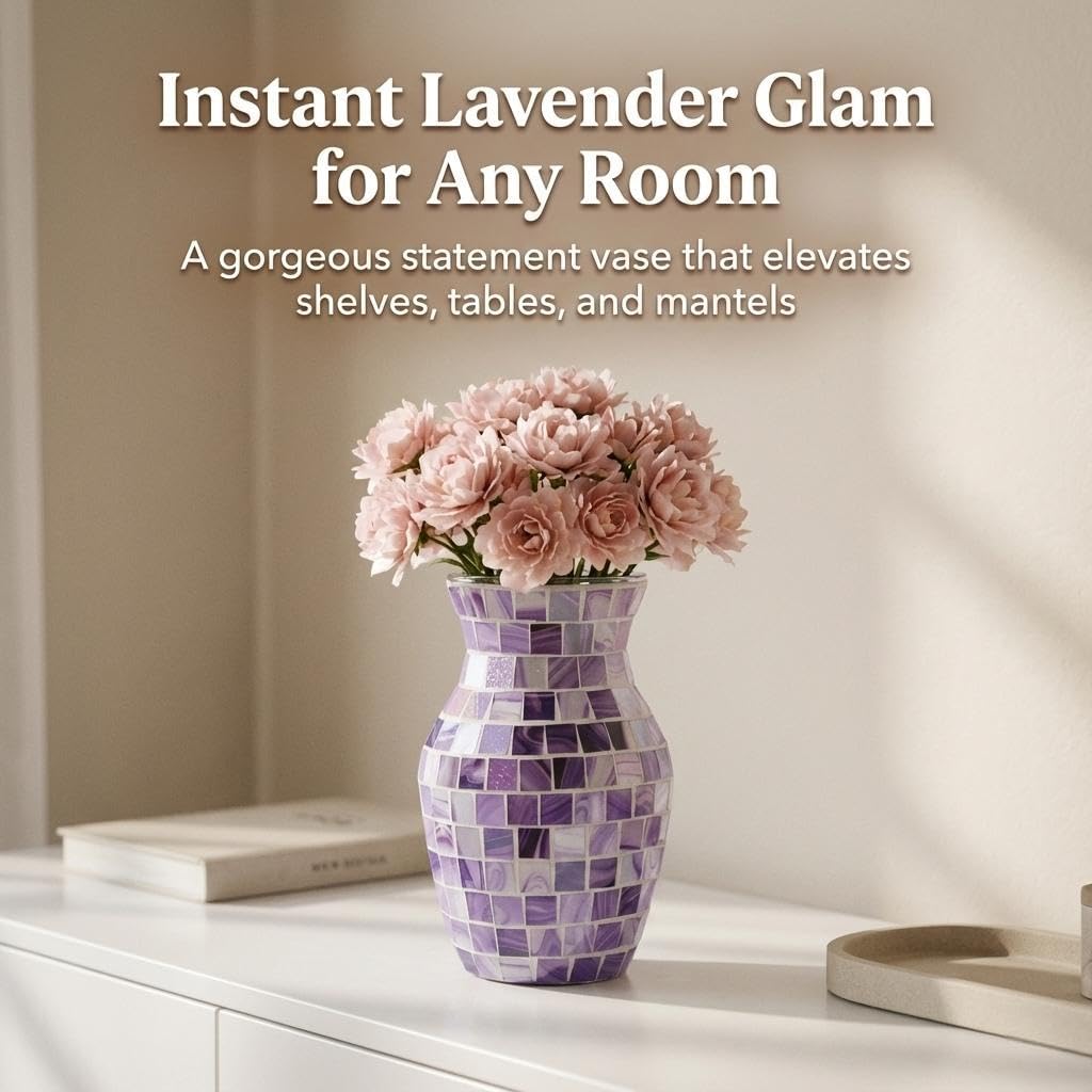 Purple Mosaic Glass Vase for Flowers, 8 Inch Decorative Flower Vase for Home Decor, Purple Vase with Marbled Lavender Tiles, Centerpiece for Living Room Bedroom Kitchen Office Bookshelf