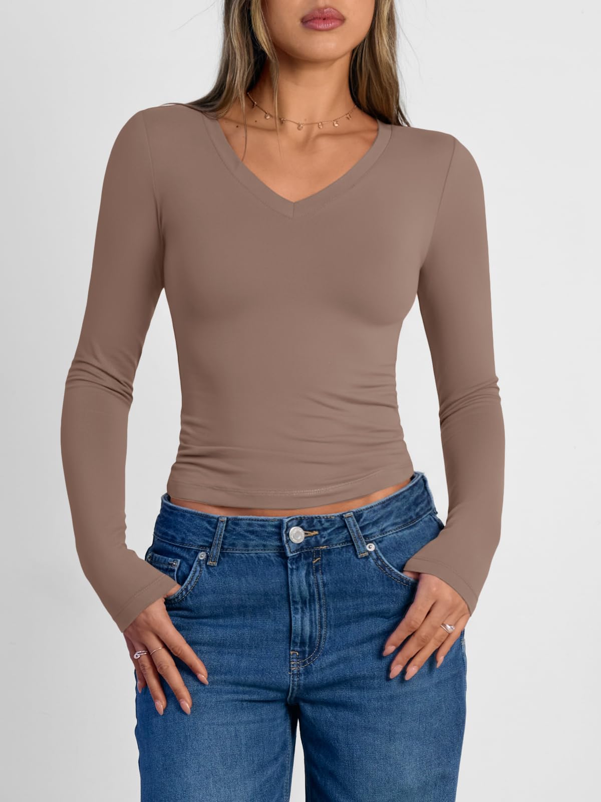 Trendy Queen Long Sleeve Shirts for Women 2025 Fall Fashion V Neck Basics Crop Tops Slim Fitted Y2K Tops Outfits Clothes