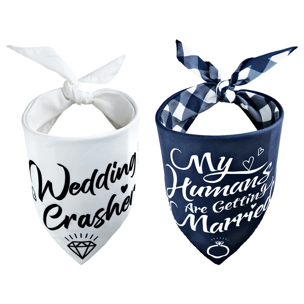 CROWNED BEAUTY Wedding Crasher Dog Bandanas Reversible Large 2 Pack, My Humans are Getting Married Engagement Adjustable Triangle Scarves for Medium Large Extra Large Dogs Navy White DB45-L