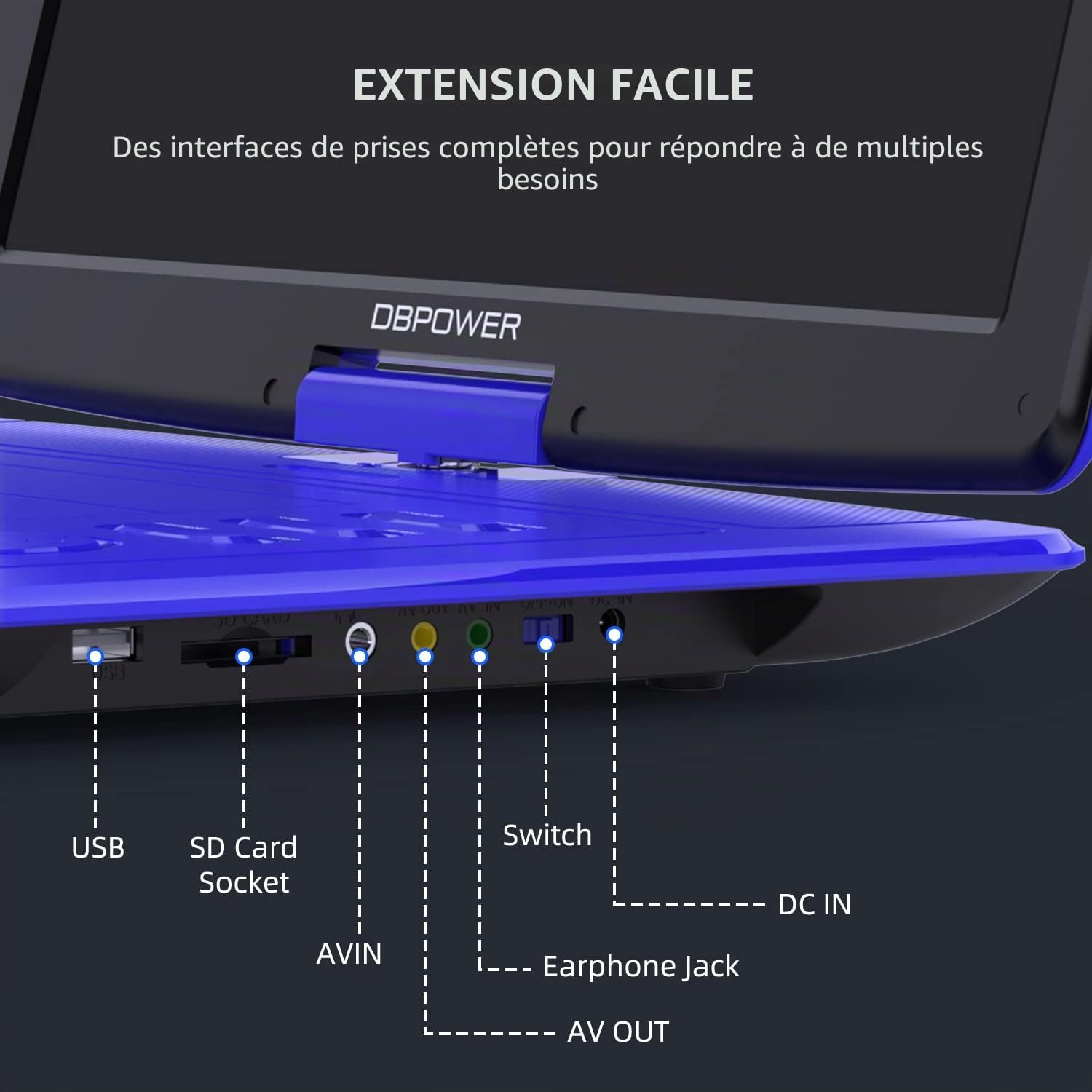 DBPOWER Lecteur DVD portable 18" écran pivotant HD 15,6" batterie rechargeable 6h USB/SD/TV
