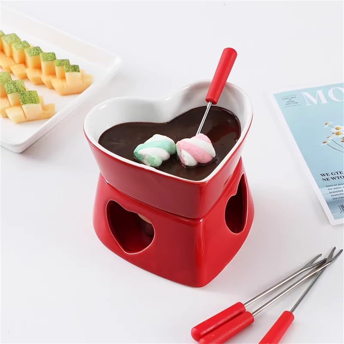 Cheese Heating Hot Pot Stove Compact Portable And Ultra-flexible Safety Durable Heart Ceramic Pot for Chocolate Ice-cream Melting Fondue(Red)