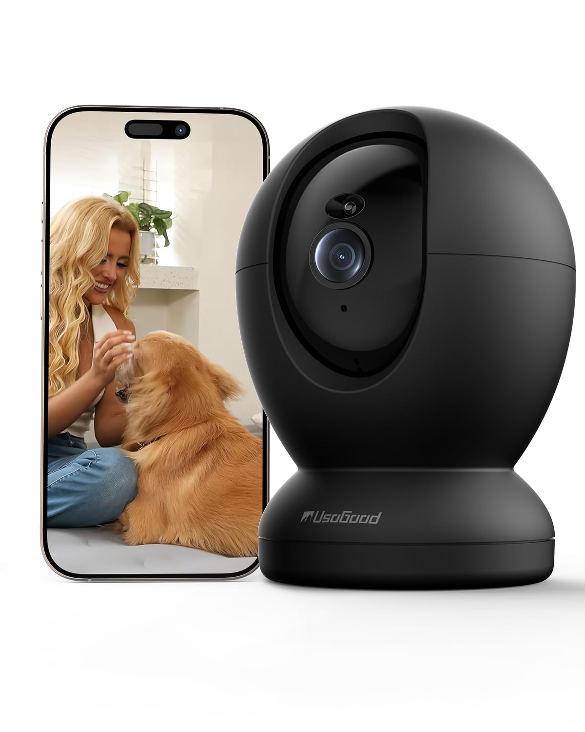 usogood 2.5K Telecamera Wi-Fi Interno, 360° Webcam per Animali/Anziani con Visione Notturna, Supporta 2.4G/5G WiFi, Audio Bidirezionale, Tracciamento del Movimento, Compatibile con Alexa, Nero