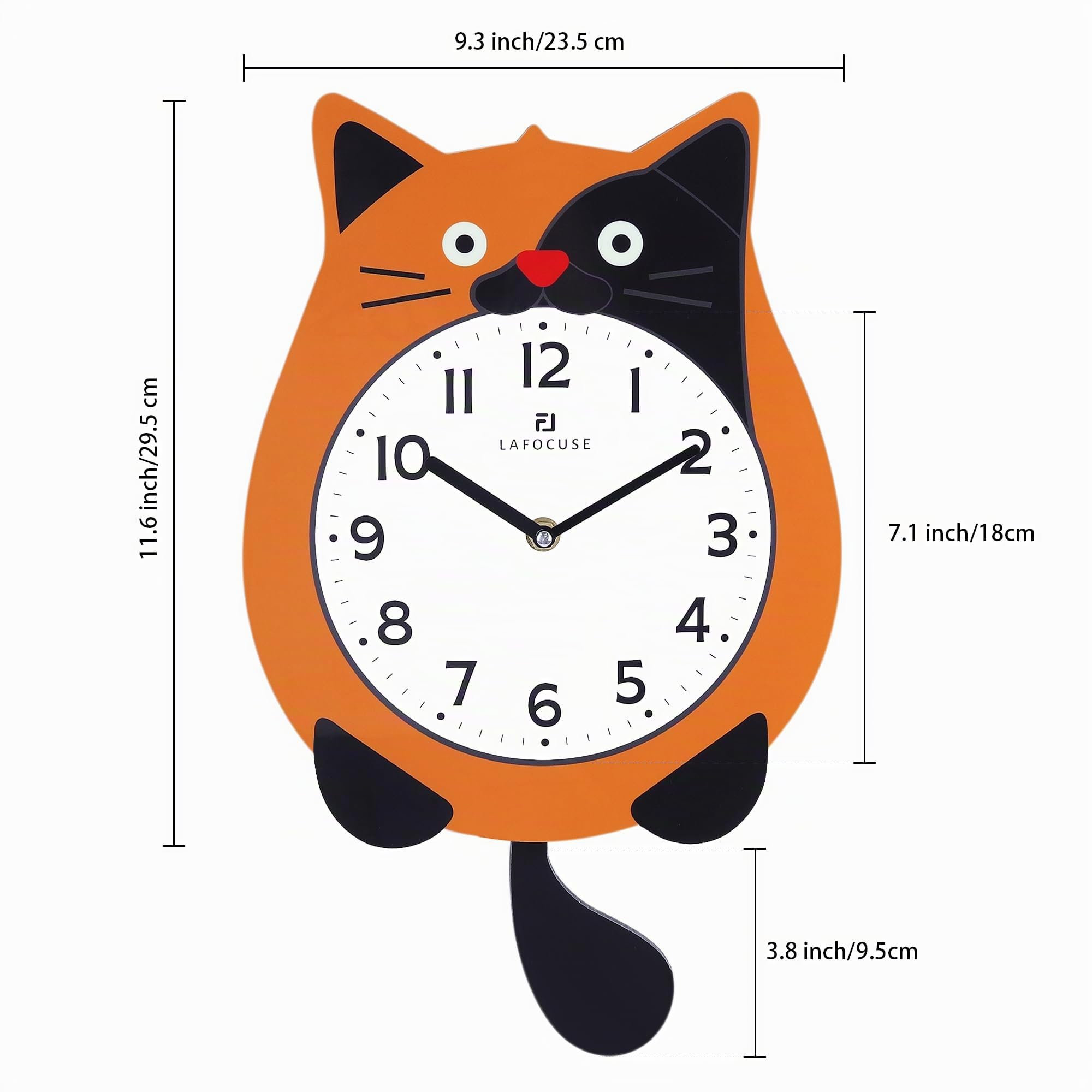 Lafocuse Orologio da Parete Gatto Design Arancione con Pendolo a Coda Mobile, Moderno Orologio da Muro Simpatico Decorativo per Soggiorno Camera da Letto Bambini, 40 x 23.5cm