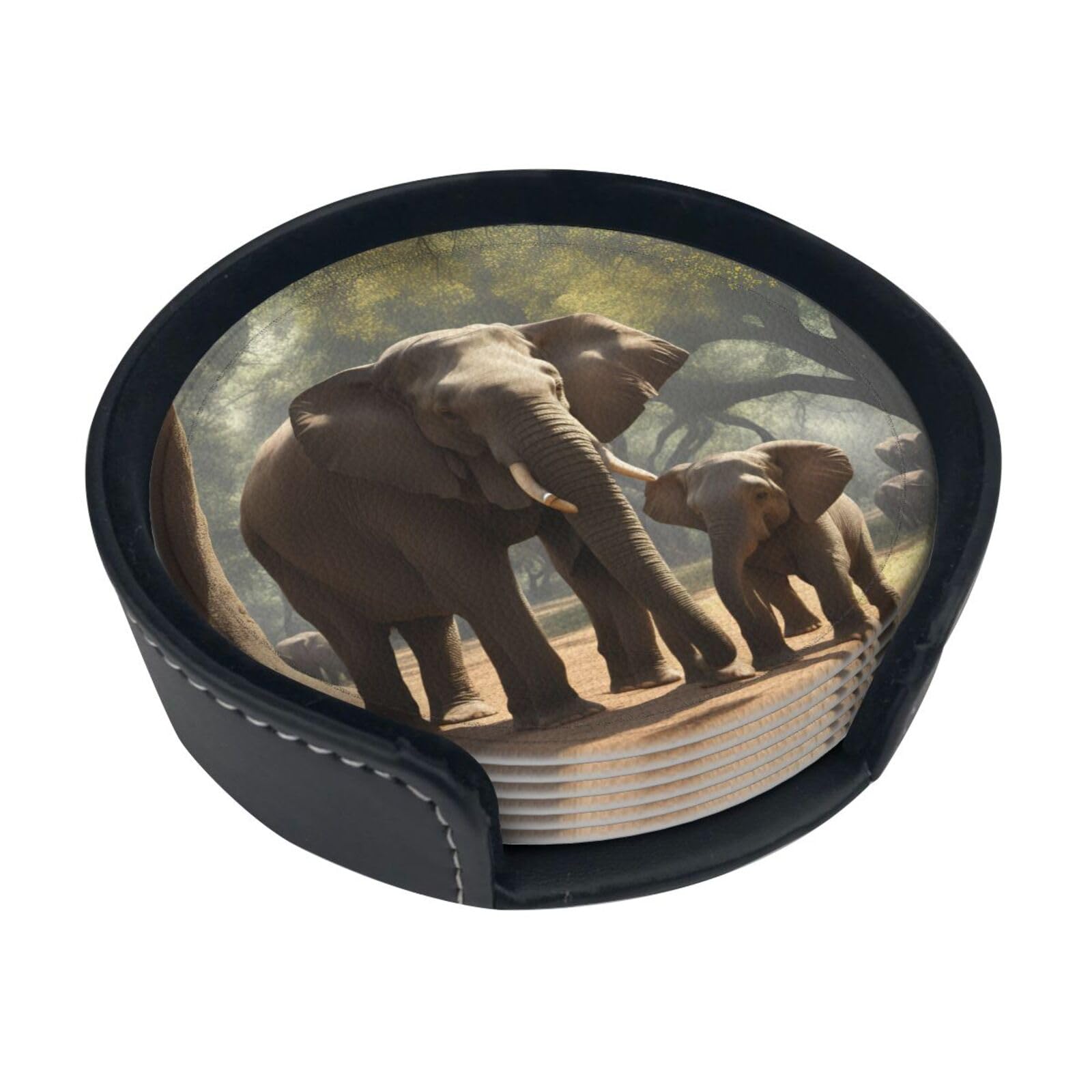Elephant Print Round Leather Coasters,Set of 6 Tabletop Protection Mat for Cup for Home,Bar,Office