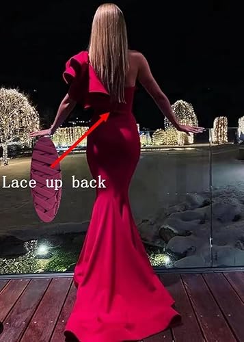 Miniatura 5 de Vestido de fiesta de satén de sirena de un hombro, vestido de fiesta largo de satén con volantes, verde azulado (A-teal)