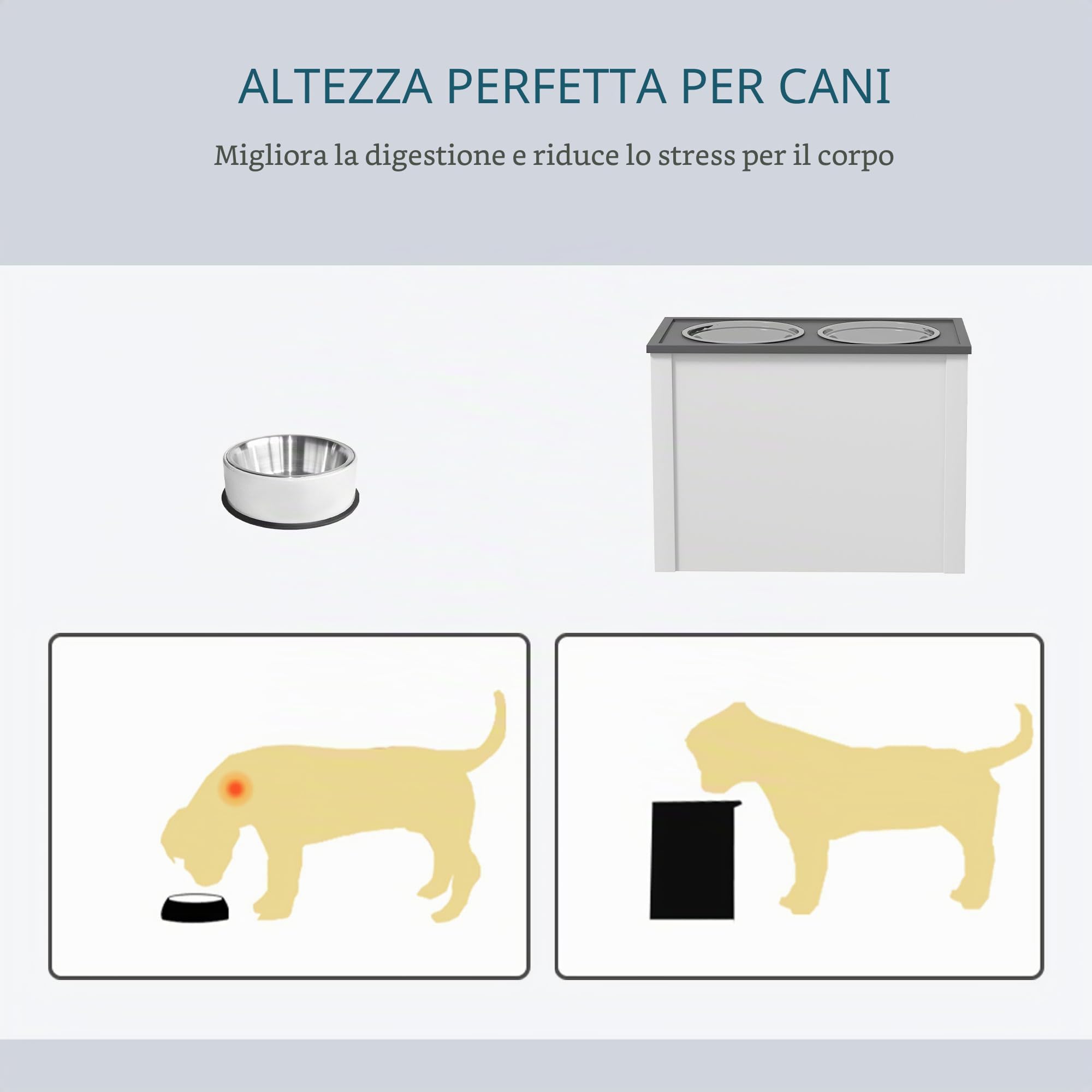 Ciotola per cani PawHut, stazione di alimentazione per cani con spazio di archiviazione, ciotola per l'acqua, supporto per ciotola con ciotole in acciaio inox da 2 litri, supporto per ciotola per