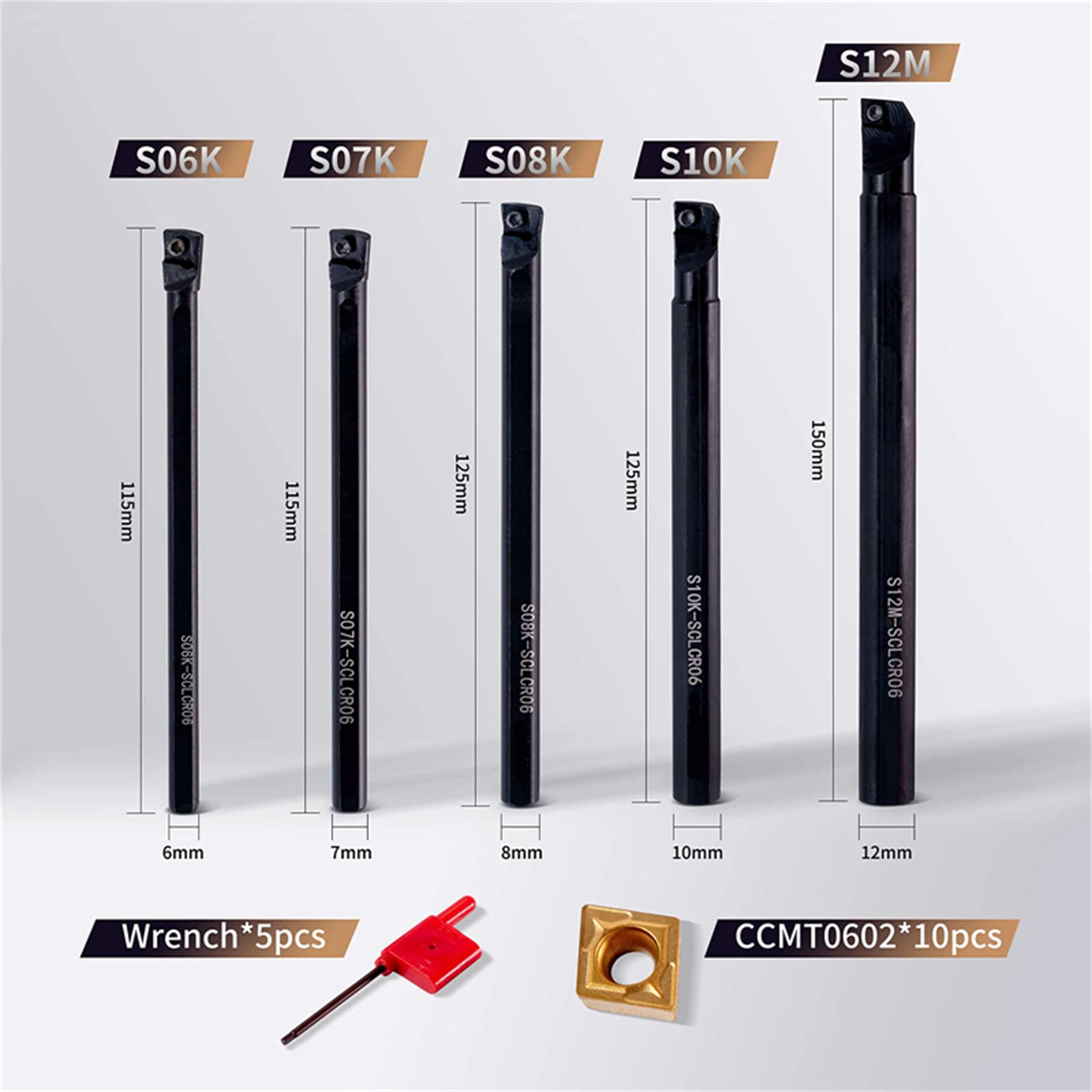 Portaherramientas de Torno CNC, 5 Piezas S06K/S07K/S08K/S10K/S12M-SCLCR06+10 Piezas Insertos de Carburo CCMT0602 + 5 Piezas Barra de Perforación de Torno con llave