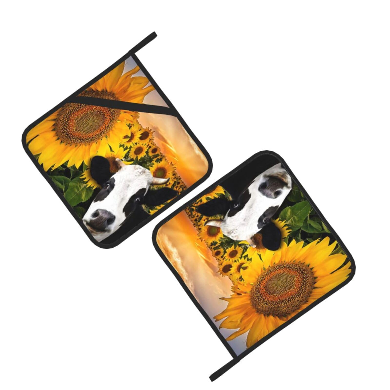 Sunflower and Cow Printed Oven Pot Holders Set of 2 Pcs Heat Resistant Kitchen Microwave Potholders for Cooking Baking Grilling