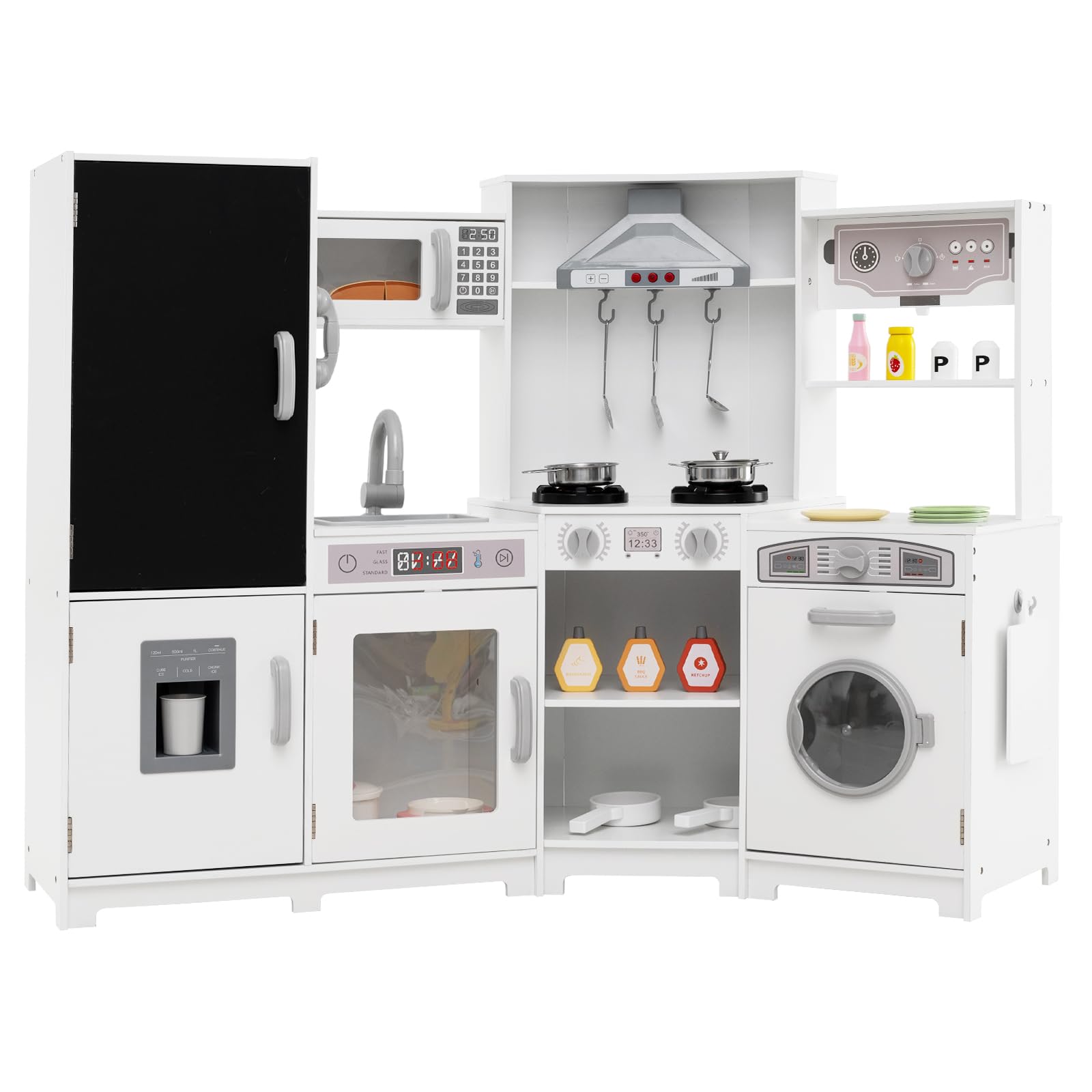 COSTWAY Kids Corner Play Kitchen, Large Pretend Toy Kitchen with Realistic Sounds & Lights, Microwave, Blackboard, Range Hood, Accessories, Children's Chef Role Play Set for Boys Girls (Pink)