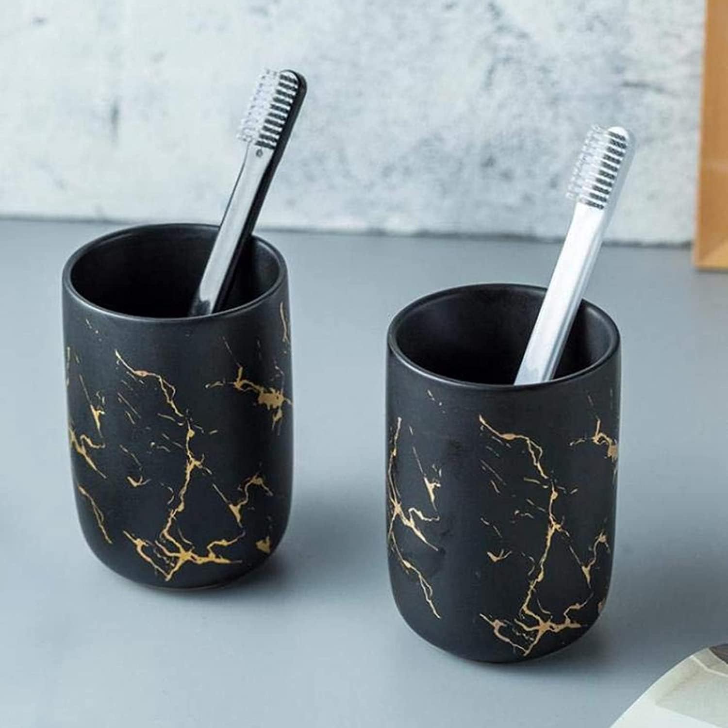 4-teiliges Keramik Bad-Zubehörset Marmor Optik Badaccessoires 300ml Seifenspender,Seifenschale, Zahnbürstenhalter/Zahnputzbecher Badezimmer Set (Schwarz)