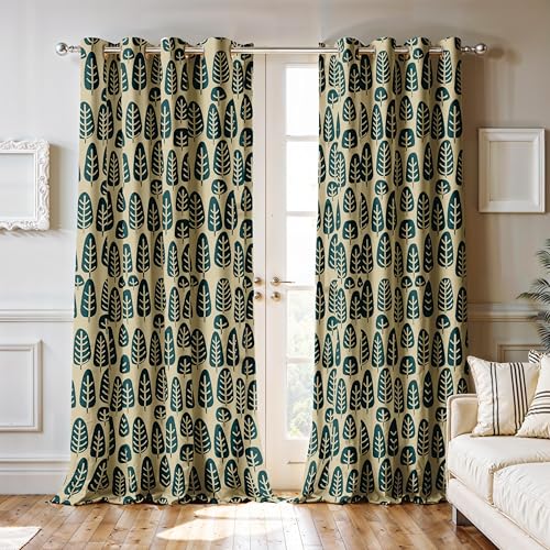 Image of Ultimate Trends Room Darkening Digital Printed Floral Geomatrical Prints Curtain 65-70% Opacity,Diamond Eyelets, Tie Back, Floral Geomatrical, 7 FEET Pack of 2,Beige with Dark Teal