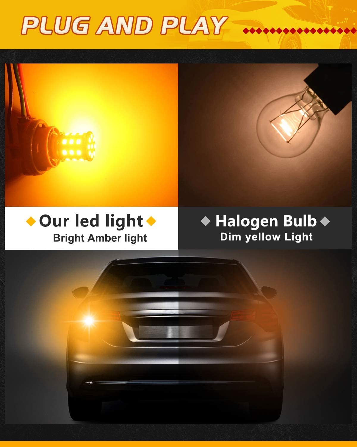 Defvnsy Ampoule LED P21W 1156 BA15S, Extrêmement Brillant Jaune 12V-24V DC Pas Polarité 1141 1003 7506 Ampoules Clignotant, 33SMD 2835 Remplacement Ampoule Voiture pour Feu Arrière, Clignotant Latéral
