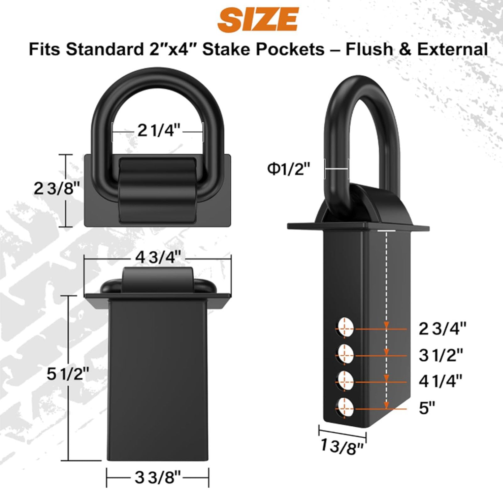 KIMISS Bolsillo para Estaca Anillo en D Anclaje Remolque Estaca Bolsillo Amarre Anillos en D 4 Piezas 20000 Libras 4 Orificios Perno Ajustable Antipérdida con Revestimiento Negro para