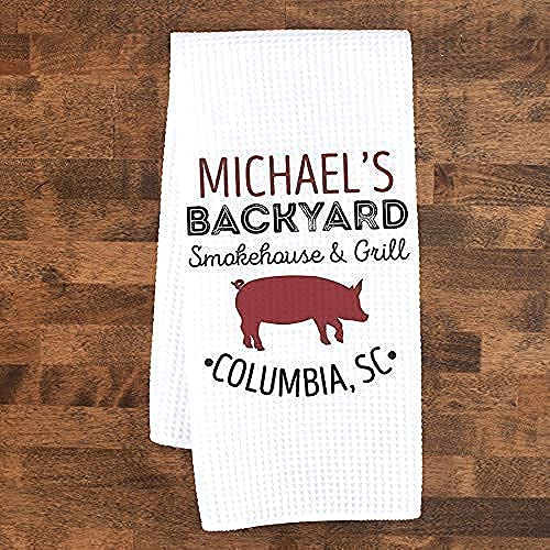 Backyard Smokehouse & Grill Towel | Waffle Weave Dish Towel | Personalized Kitchen Towel | Men Grilling Gift | Personalized Dish Towel | Barbecue Gift | Mens Kitchen Gift Fathers Day