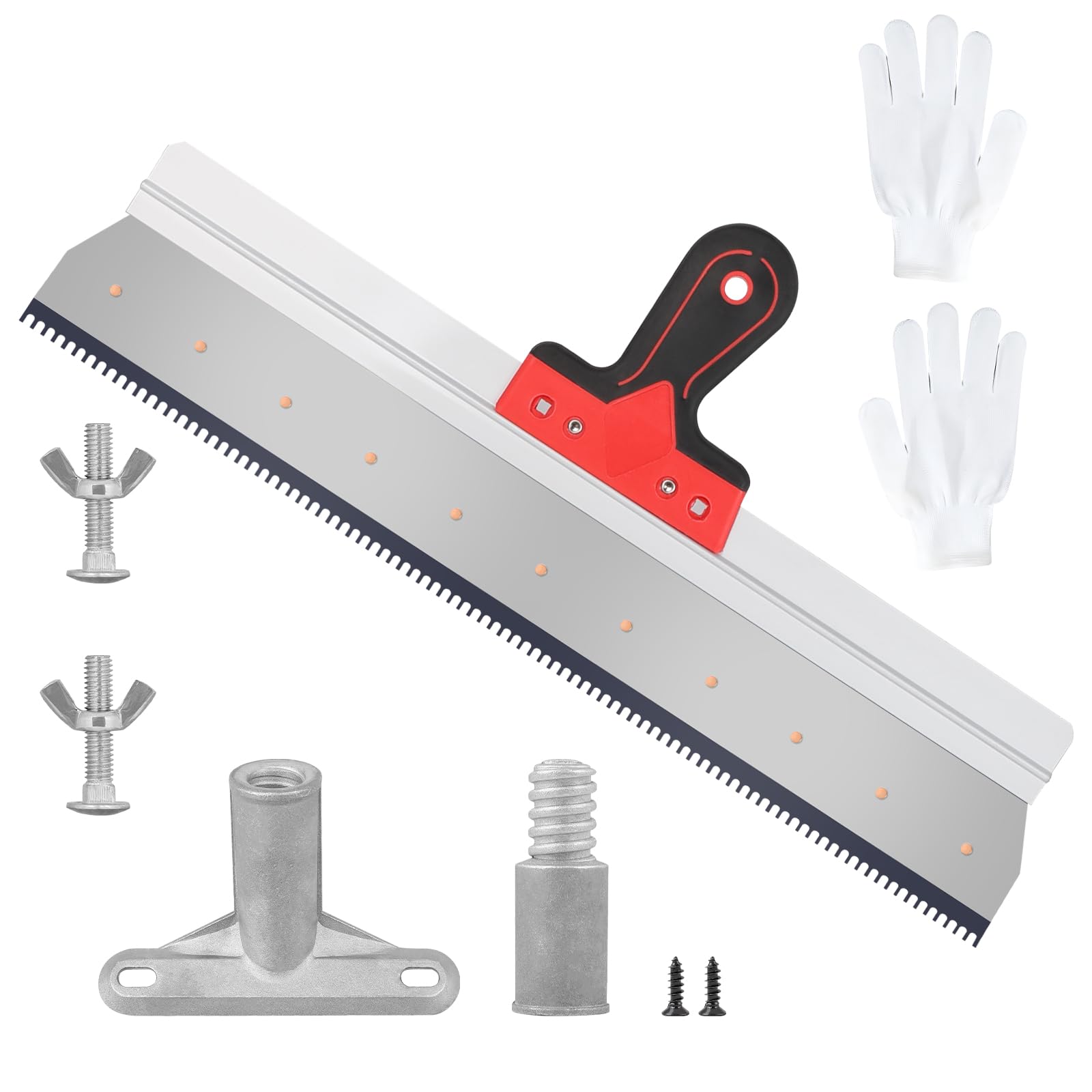 CPROSP Stainless Steel Serrated Scraper 560 mm, Large Trowel for Smoothing Walls, Serrated Spatula with Handle, Glove and Adapter, Serrated Spatula for Self-Leveling