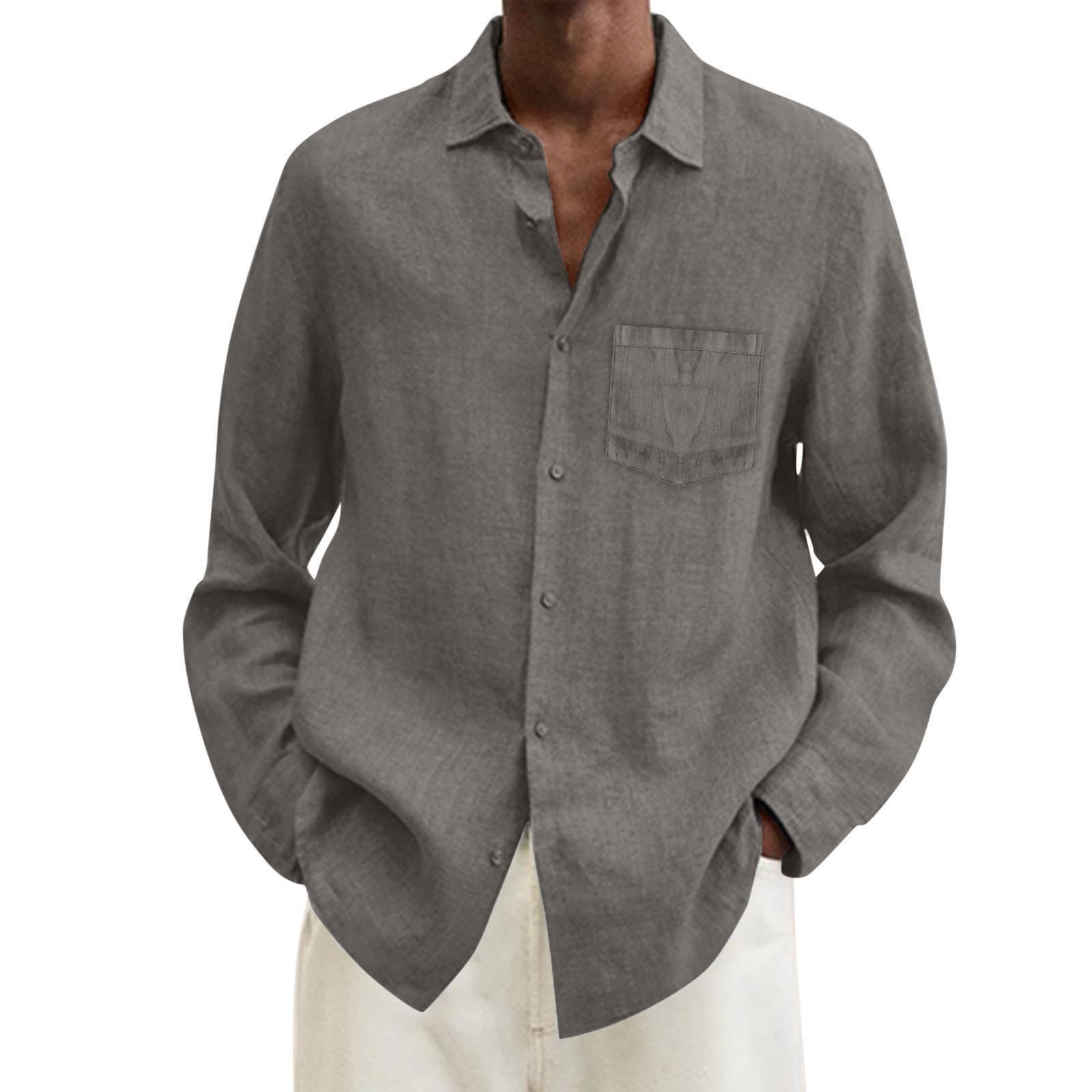 Generico Camicia a Maniche Lunghe da Uomo in Cotone Estivo Tinta Unita Casual Taglie Forti #D