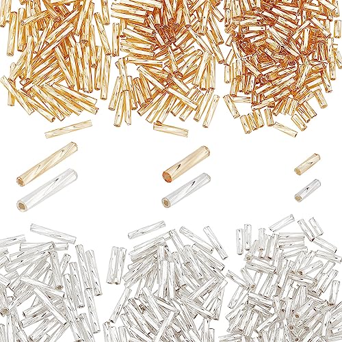 PH PandaHall 480pcs Twisted Bugle Beads, Metallic Bugle Beads 6/9/12mm Glass Long Tube Seed Bead Loose Spacer Beads with 6 Container Bottles for Earring Bracelet Necklace Jewelry Making, Golden/Silver