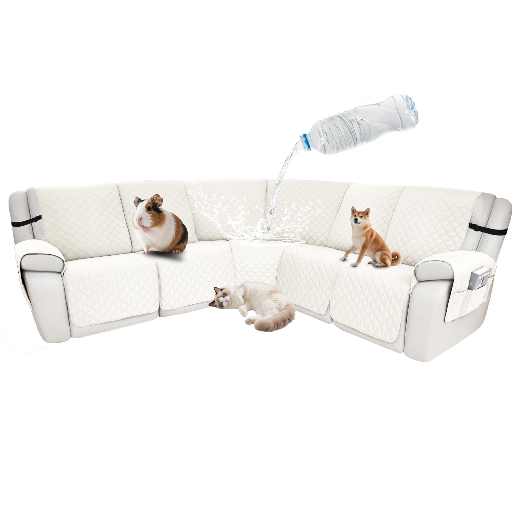 Waterproof Sectional Reclining Couch Covers L Shaped Recliner Sectional Sofa Cover 7 Piece Non Slip Washable Corner Recliner Slipcover Set for Pet Dog (5 Seater Cover, Ivory White)