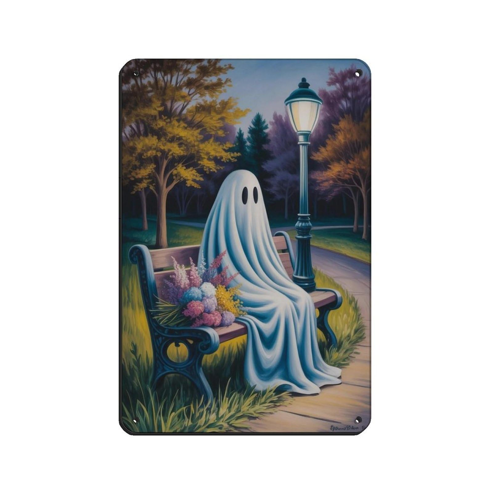 Ghost with Flowers on The Bench Poster Retro Poster Metal Tin Sign Chic Art Retro Iron Painting Bar People Cave Cafe Family Garage Poster Wall Decoration 8x12inch(20x30cm)