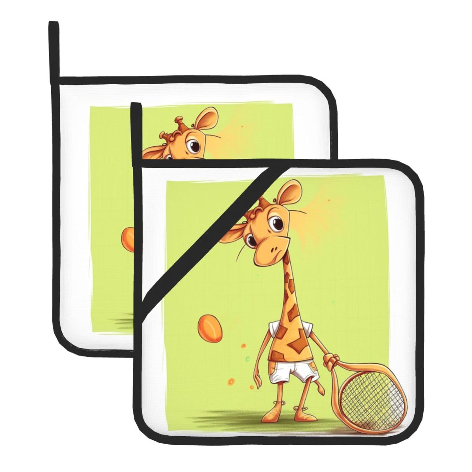2 Pack Giraffe Playing Tennis Pot Holders for Kitchen Heat Resistant Pot Holders with Pocket Oven Potholders Washable Hot Pads for Cooking Baking Oven Pans Trivet 8x8 Inches