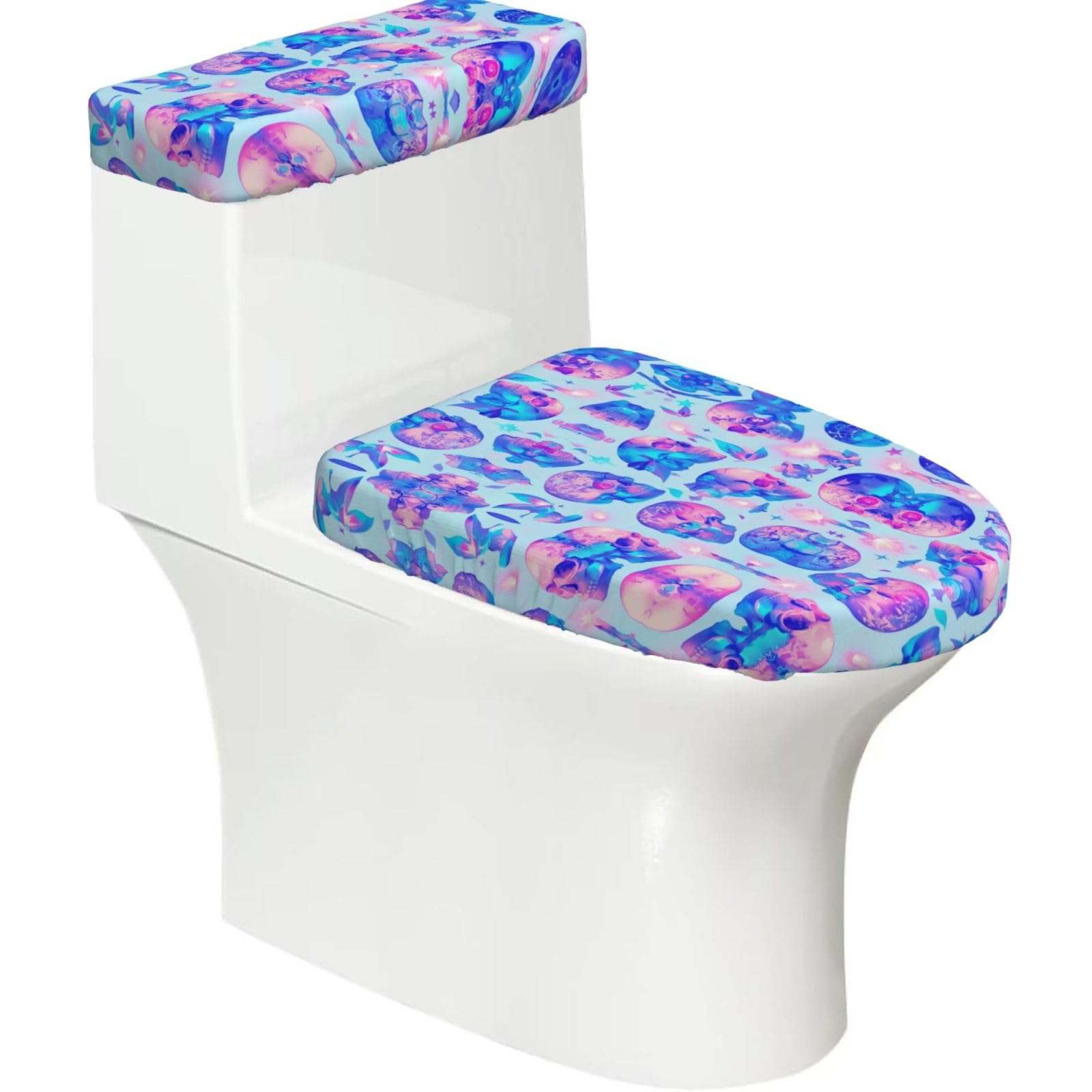 Colorful Skull 2-Piece Toilet Seat Cover Set with Tank Lid - Elastic for U-Shape & Elongated - Bathroom Decor