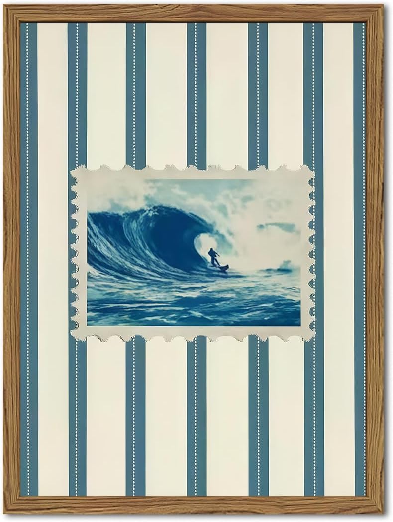 Vintage Surf Stripe Wall Art Trendy Coastal Wall Decor Painting Blue and White Beach Surf Poster Canvas Print for Bedroom Living Room Bathroom 16x24 inch Wood Framed