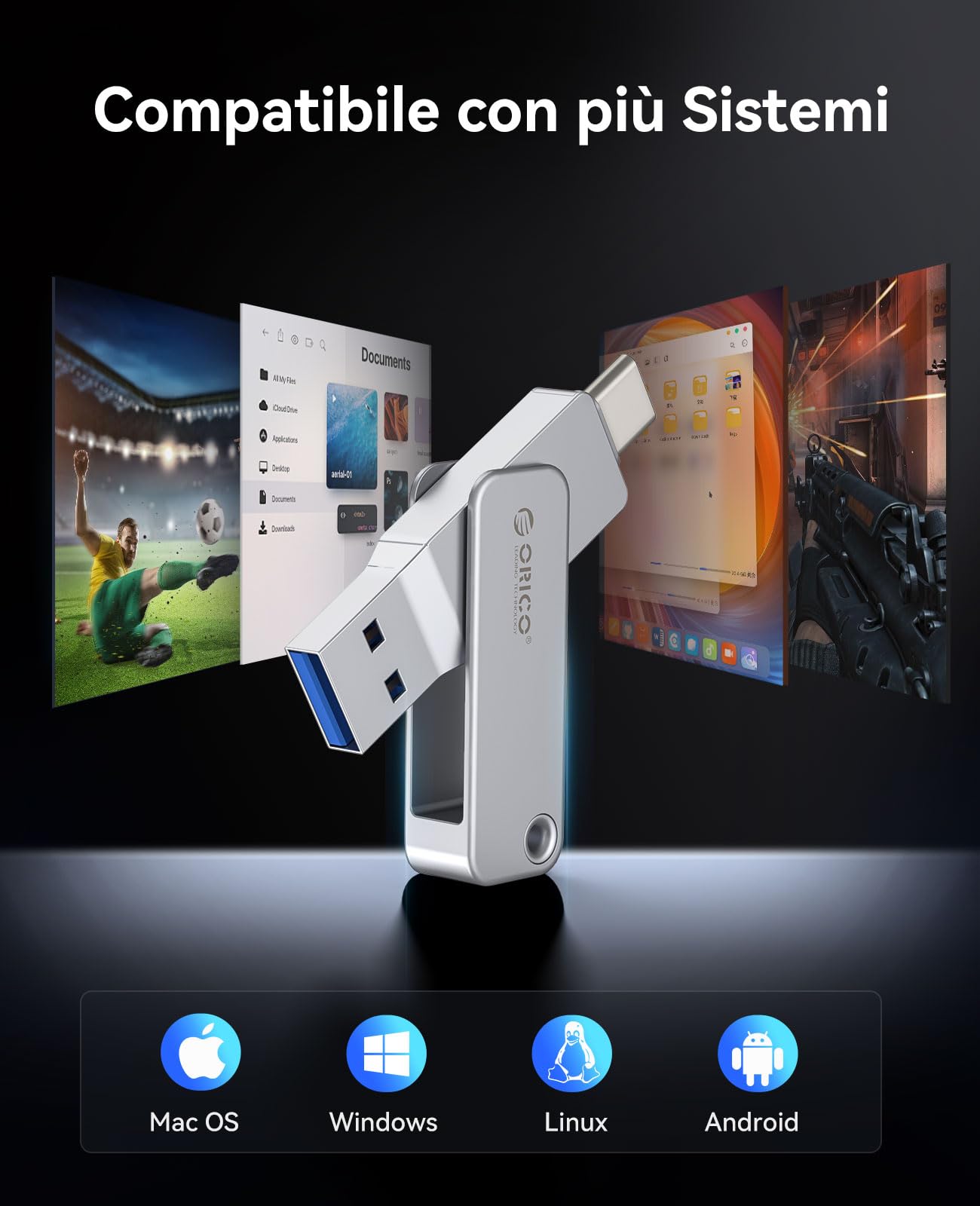 ORICO Chiavetta USB 256 GB, Mini Chiavetta USB 3.2 Gen 1 (Doppia USB-C/USB-A), Pen Drive Portatile, Lettura 150 MB/s, Compatibile con iPhone 15/16/17, Android, Tablet, Laptop -EB05