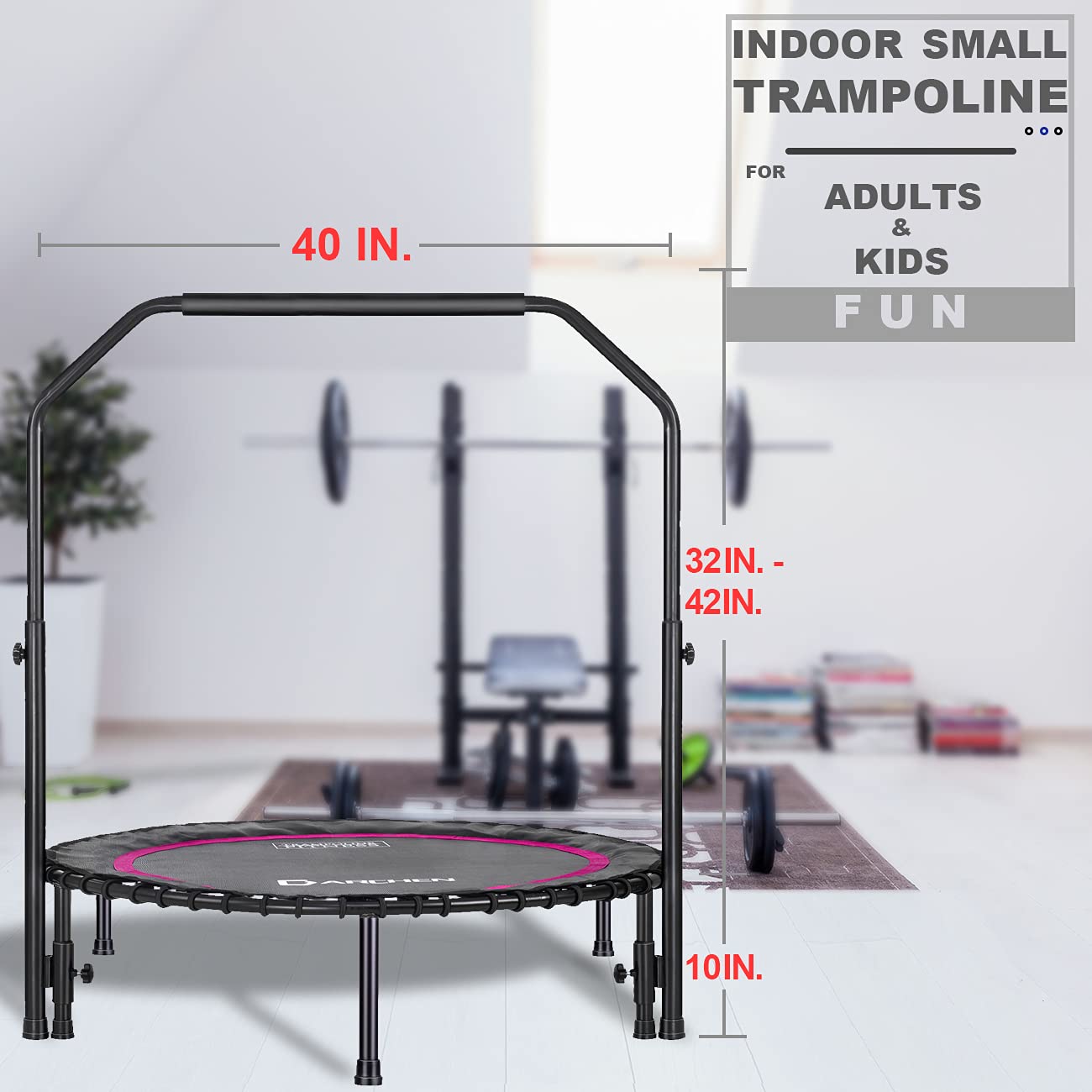 DARCHEN Mini trampolina Rebounder, 150 kg, dla dorosłych, mała trampolina do ćwiczeń, ćwiczeń, fitnessu, ulepszona konstrukcja trampoliny bungee dla bezpieczniejszego spokoju