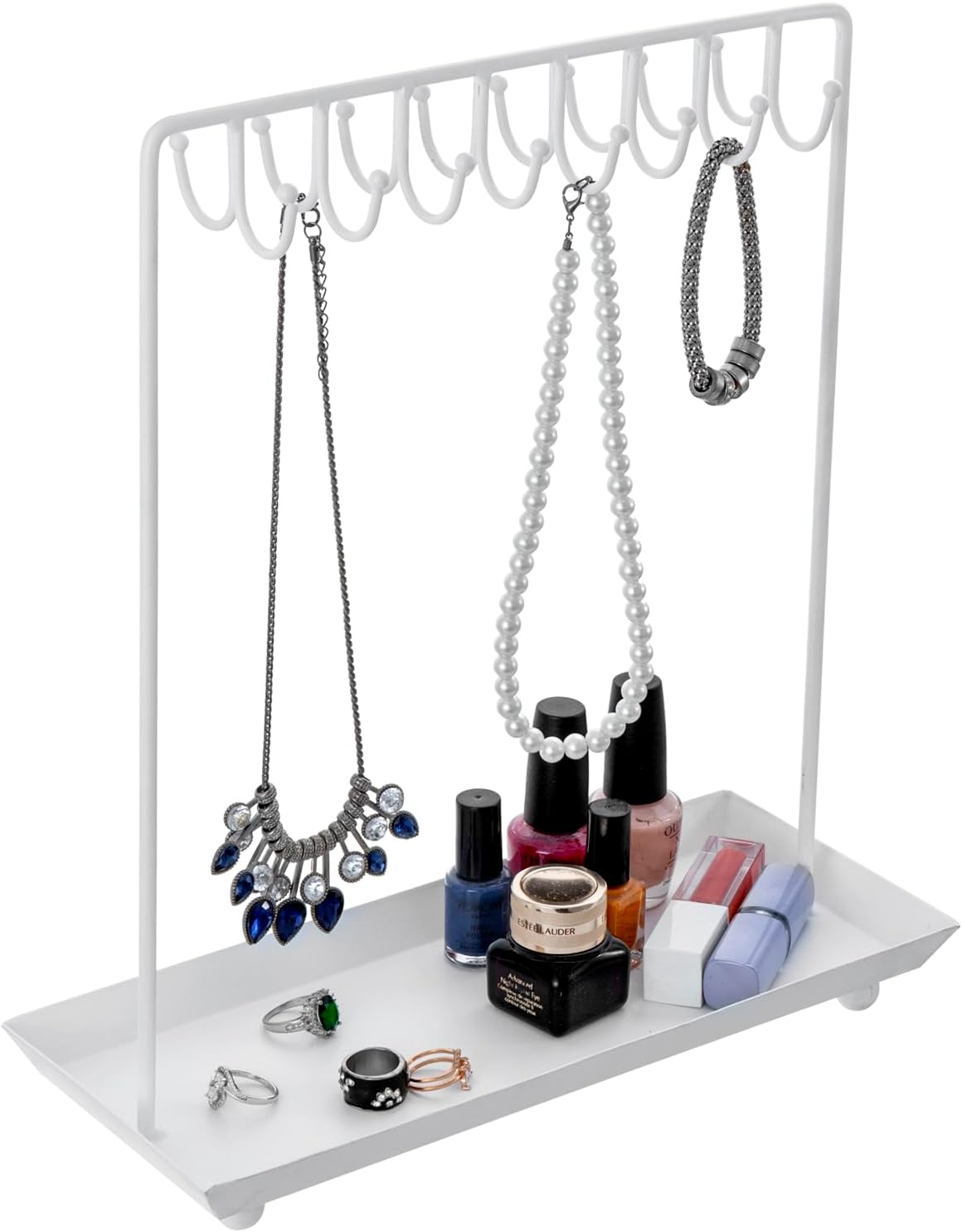 MyGift White Metal Jewelry Organizer Stand for Necklaces with 20 Hooks and Ring Tray