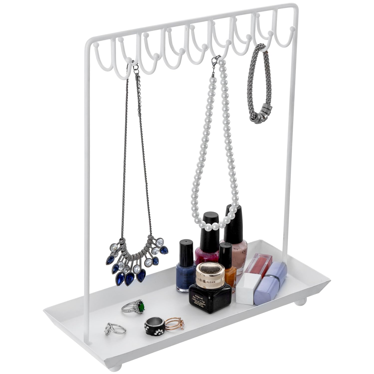 MyGift White Metal Jewelry Organizer Stand for Necklaces with 20 Hooks and Ring Tray