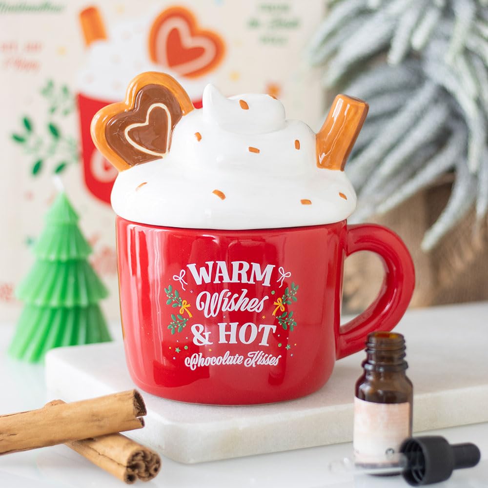 Something Different Wholesale Hot Chocolate Mug Shaped Oil Burner – Festive "Warm Wishes & Hot Chocolate Kisses" Design – Tealight Powered With Removable Lid – Cozy Holiday Scent Diffuser For Winter Ambiance
