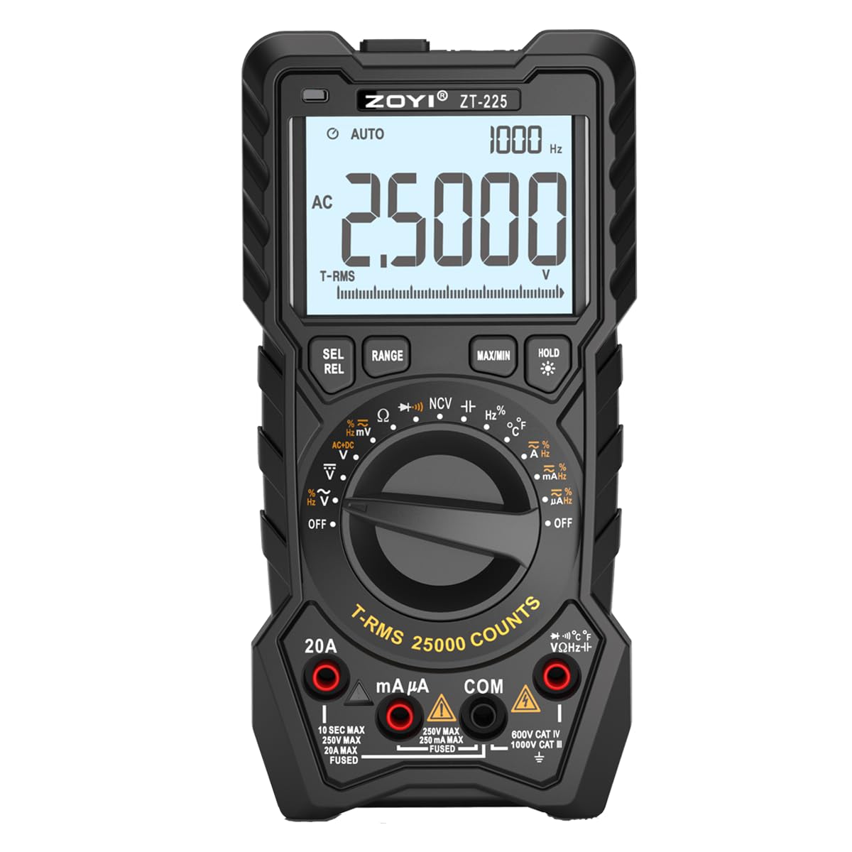 ZT‑225 Professional Digital Multimeter, AC+DC Merge Voltage Function 25,000-Count, 20A, Auto/Manual Range True RMS Multi Voltage Tester, NCV, Temp, Square Wave, CAT IV