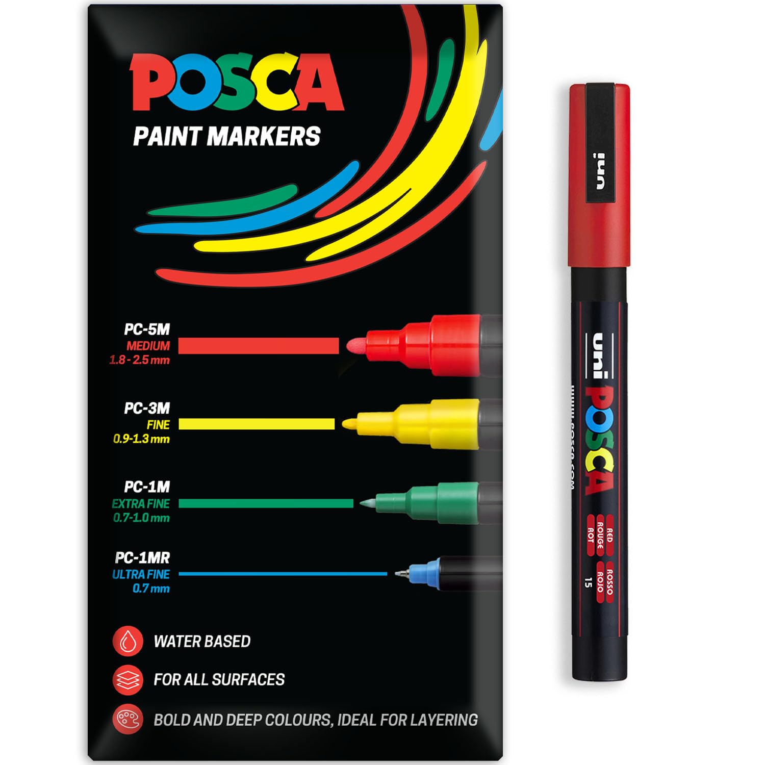 Posca Water Based Acrylic Paint Marker Pens | Multi Surface Use Permanent Paint Pen | Pack of 1 in Envelope Gift Packaging | Glass, Fabric, Canvas, Wood etc | PC-3M, Red