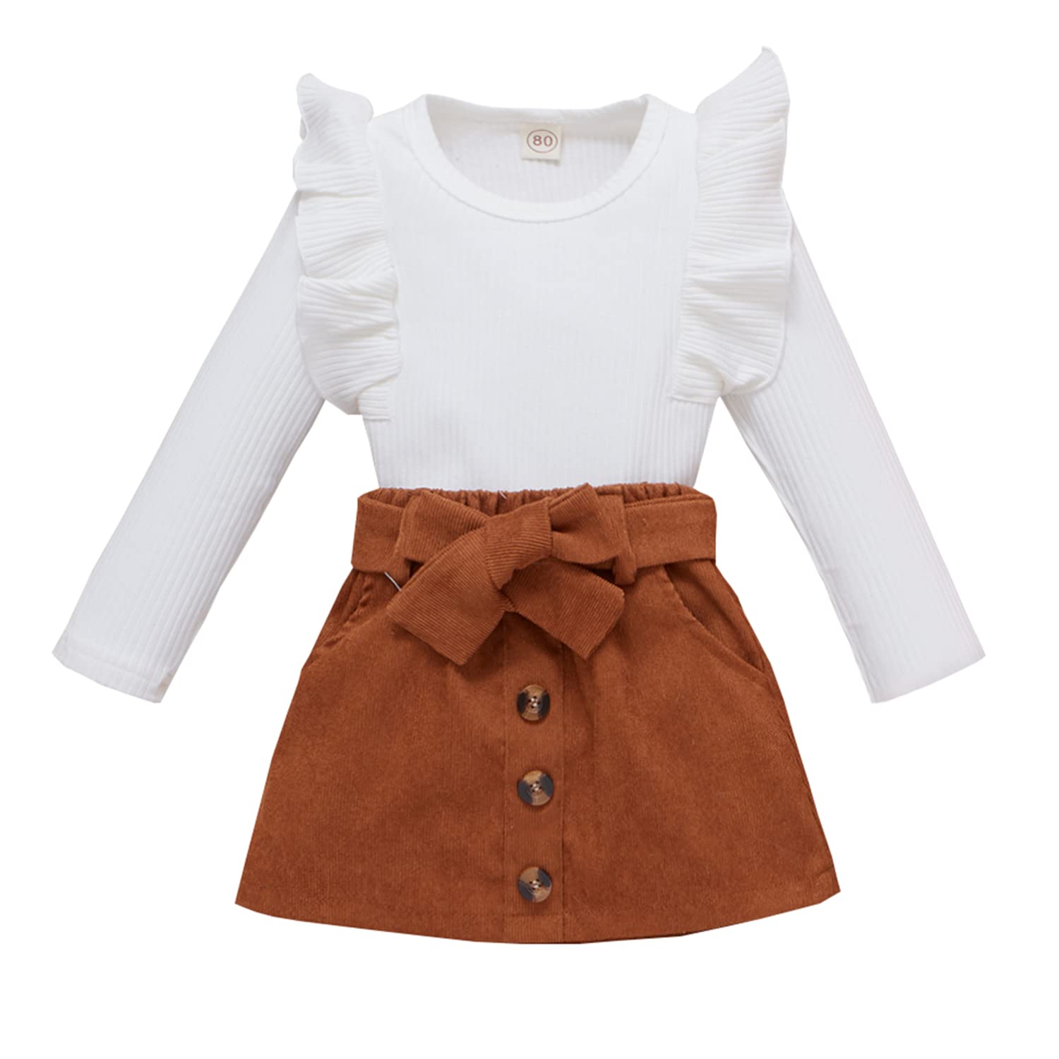 Toddler Kids Baby Girls Skirt Sets, Ruffle Rib Knit TShirts + Corduroy Buttons Short Skirts 2-Piece Casual Clothes
