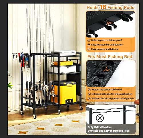 TC-HOMENY 16-Rod Fishing Rod Holder for Garage, Fishing Pole Rack Cart Fit All Fishing Rods, 3 Tier Fishing Tackle Storage Organizer Rack with Storage Bag, For Living Room