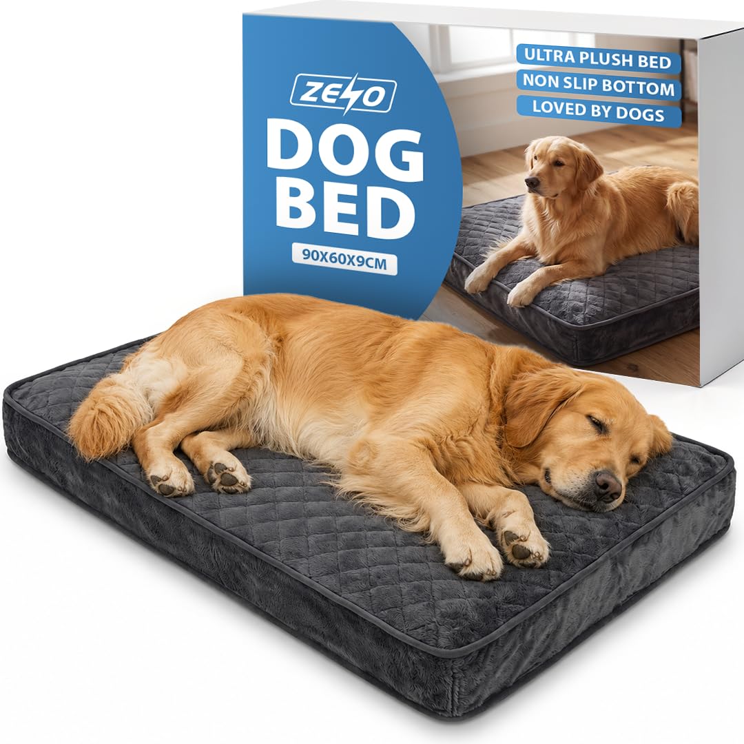 ZENO Dog Bed 90 x 60cm | Washable Dog Bed with Removable Cover | Soft Memory Foam Dog Mattress for Small, Medium & Large Dogs | Calming Puppy Bed with Non Slip Base | Durable Pet Cushion | Large