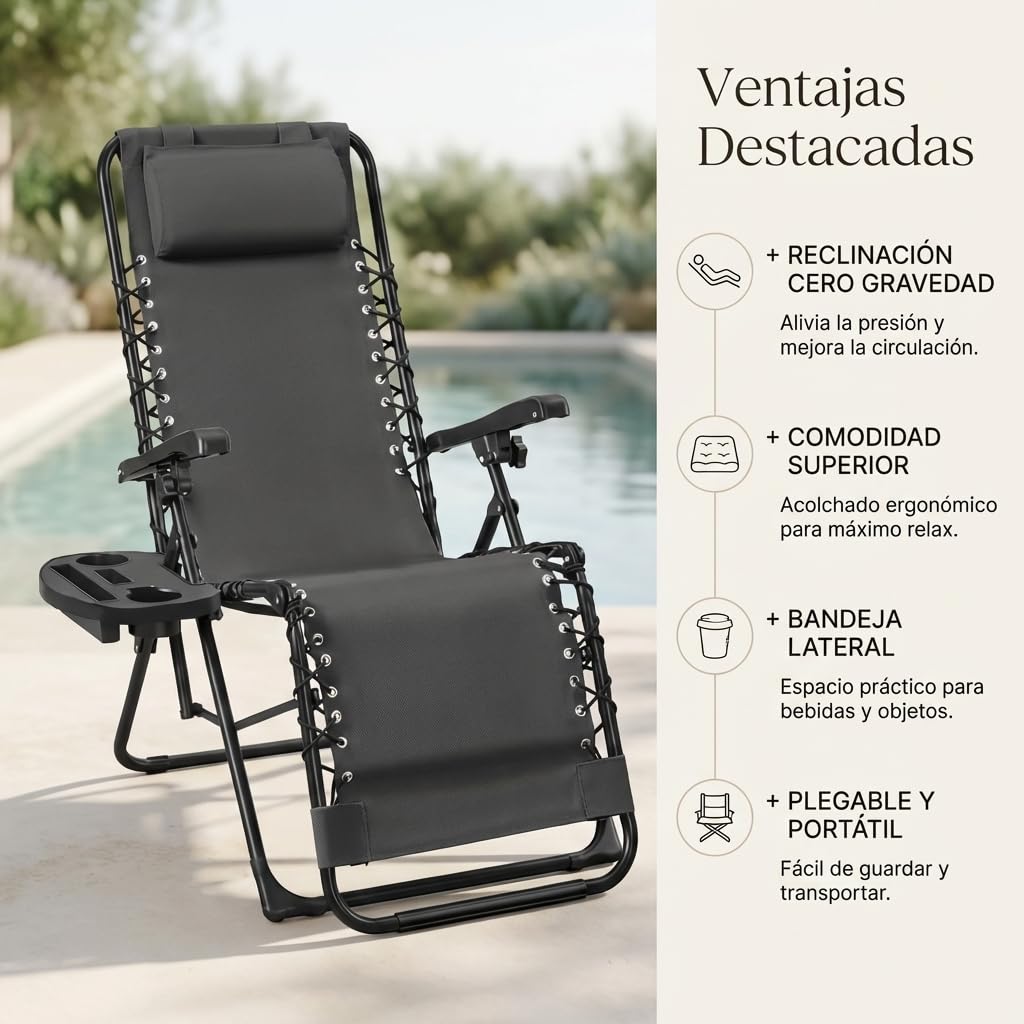 Weida Home Tumbona Plegable para Exterior | Reposapiés y Cojín Ajustable | Silla Reclinable Bandeja Lateral para Bebidas, Móvil y Libros | para Terraza, Camping, Playa, Piscina (Gris) - 3