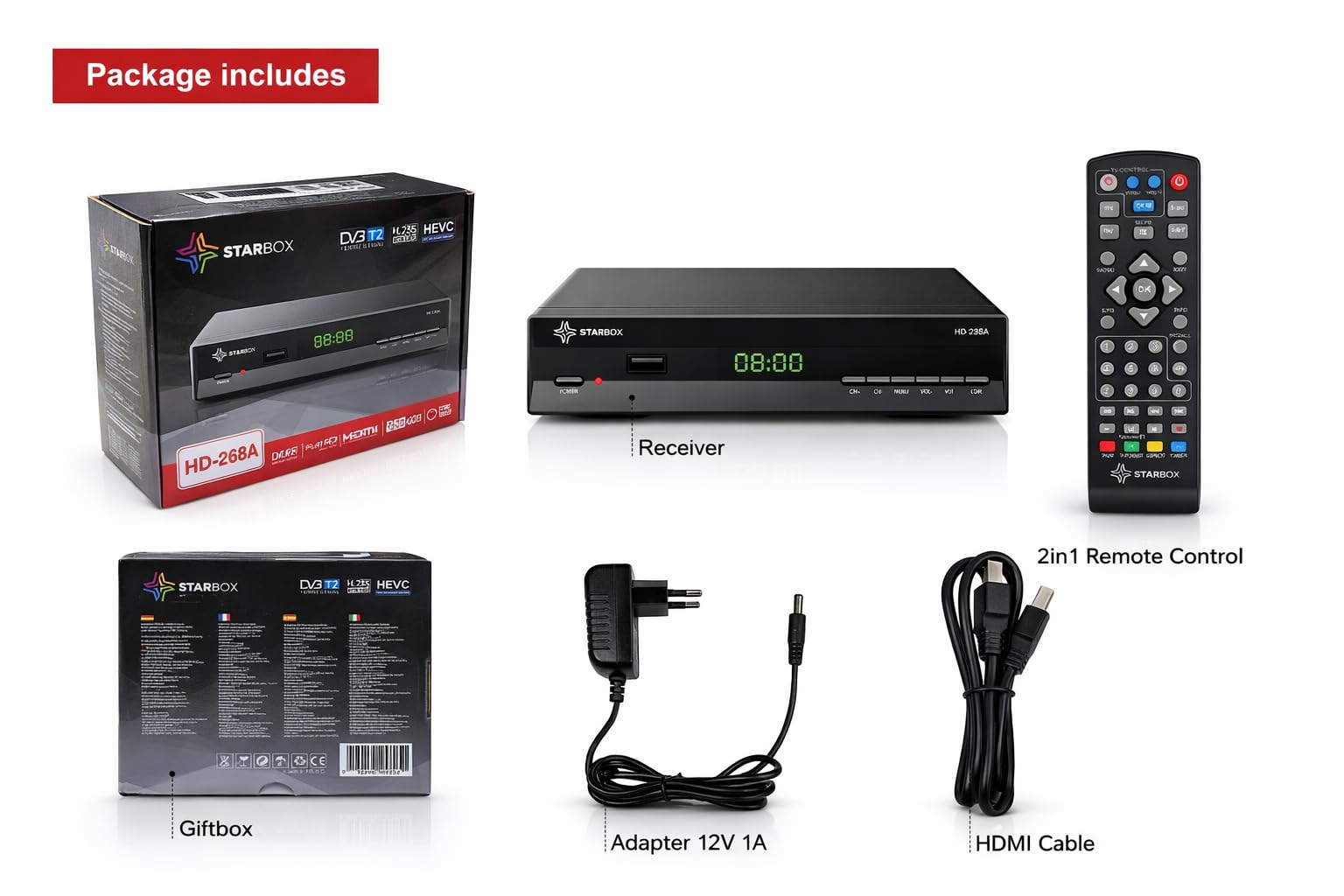 STARBOX HD-268A – Décodeur TNT DVB-T2 Full HD 1080p H.265 (HEVC), HDMI/USB/Péritel, Télécommande Universelle 2-en-1 – Antenne TNT Terrestre Uniquement (Non Compatible Satellite/Parabole)