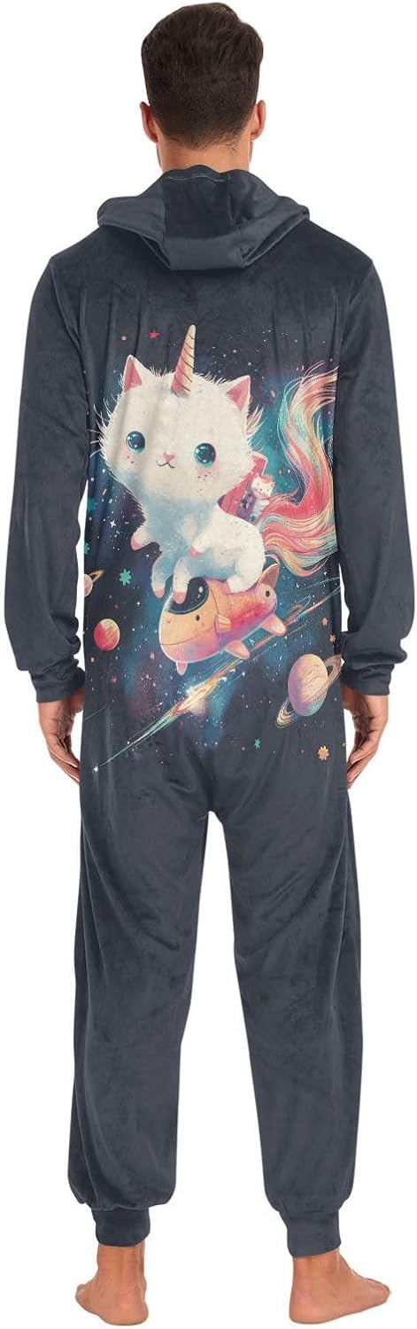 White Unicorns Cat Space Zipper Hooded Adult Jumpsuit Pajamas with Pockets XS-3XL