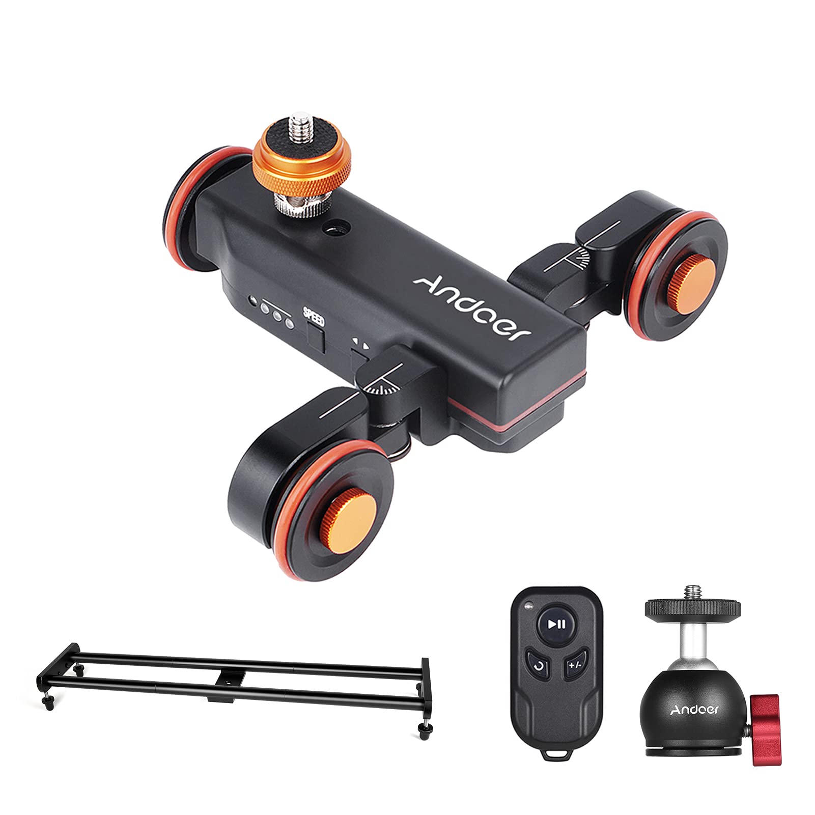 Andoer Kamera Video Dolly Slider Kit mit 3-Rad Auto Dolly Car 3-Fach verstellbar + 60 cm Schienenkamera Slider + Flexibler Kugelkopfadapter mit drahtloser Fernbedienung für DSLR-Kamera-Camcorder
