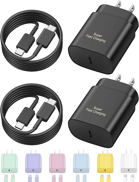 USB C Fast Charger, 2Pack 25W Type C Fast Charger Wall Charger Super Fast Charging Block for Galaxy S24 S23 S22 S21 S20 Ultra S10 S9, Note 20 10 9, with 6ft USB C to Type C Cable 25W Charger Adapter