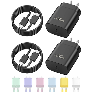 USB C 快充充电器，两件装，适用于Galaxy S系列和Note系列，附赠6英尺Type C数据线