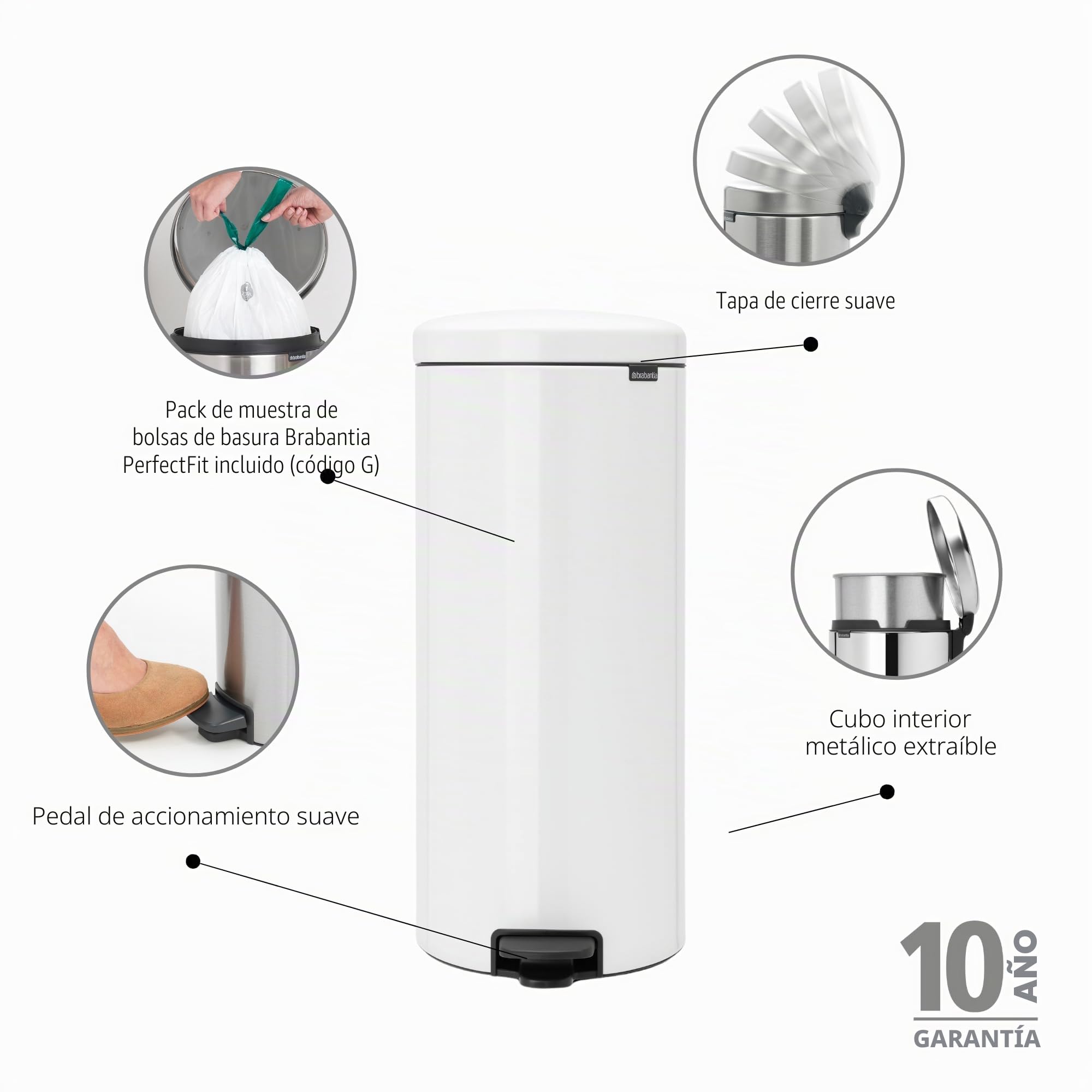 Brabantia NewIcon - Cubo de basura de pedal de 30 litros, color blanco