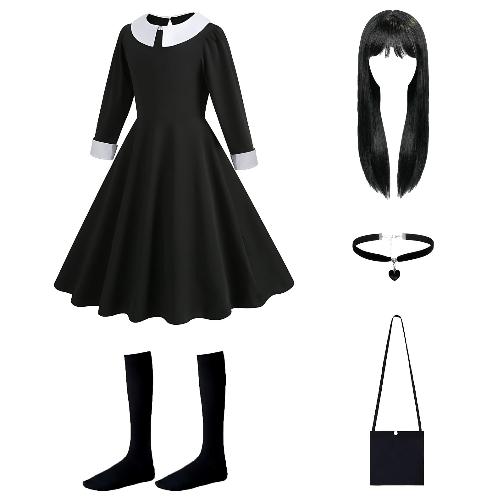 YAEGIMHT 5PCS Black Gothic Princess Costume Set for Girls Kids Fancy Dress Outfit with Skirt, Wig, Socks