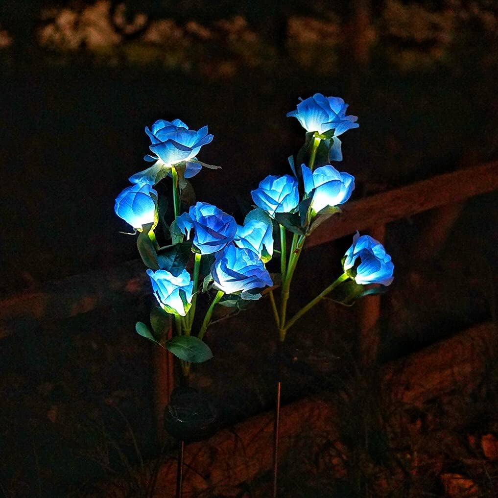 Decorman Solar Garden Rose Lights - 2 Pack Realistic Outdoor Flower Lights, Waterproof LED Stake Landscape Decorative for Garden, Lawn, Yard, Pathway, Patio, Backyard (Blue, 10 Roses)