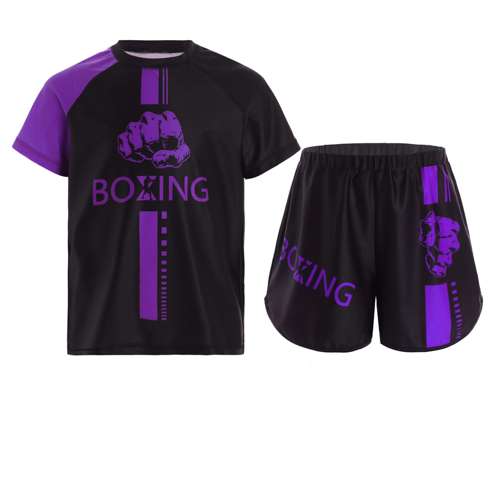 Miutii Kids Boys Boxing Uniform 2pcs Tracksuits Short Sleeve Boxer Shirt and Fighting Shorts Muay Thai Kickboxing Set Purple 13-14 Years