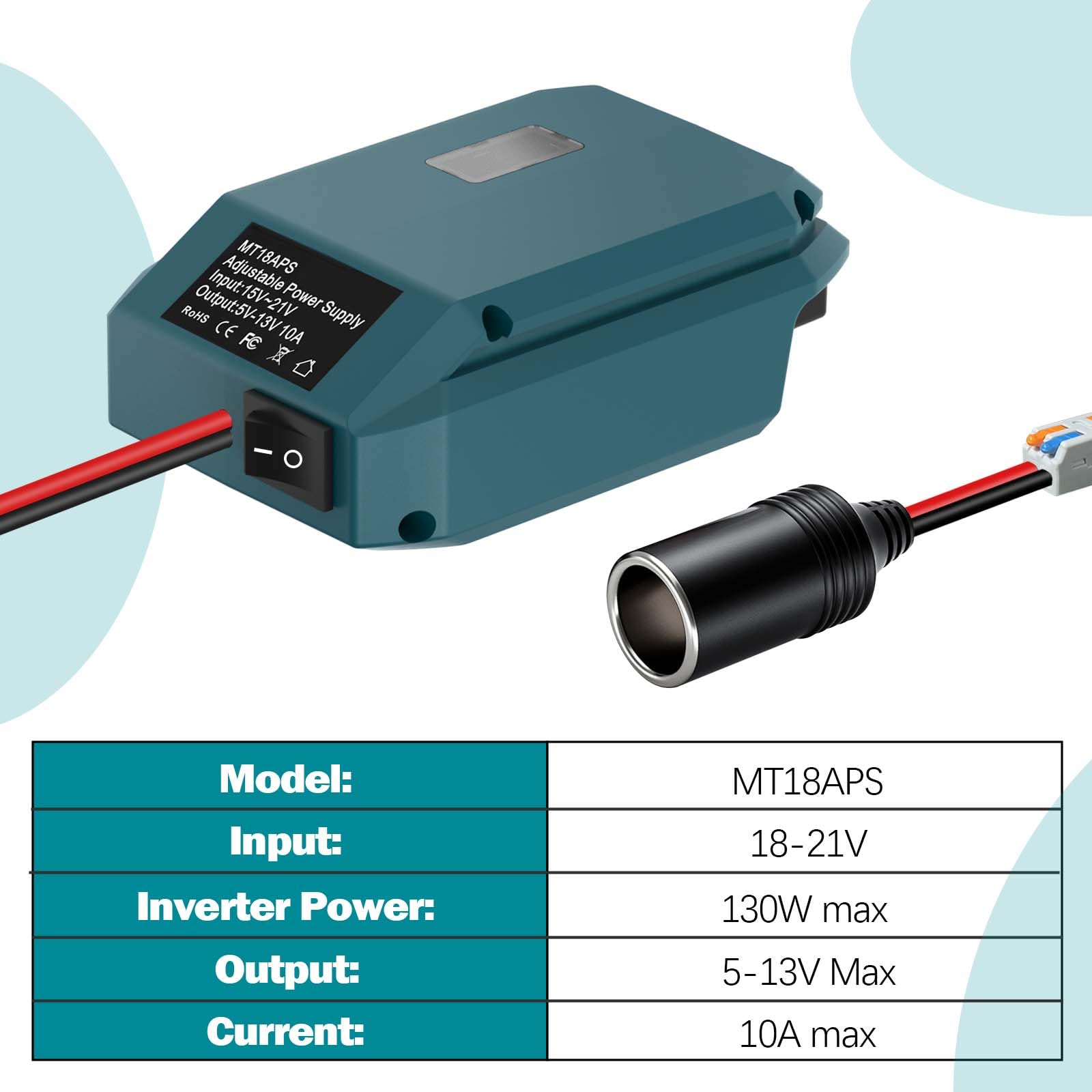 Convertitore step down per Makita 18 V a 12 V, convertitore fai da te con uscita massima 5 V-13 V, 10 A, presa leggera per dispositivi auto (convertitore only)