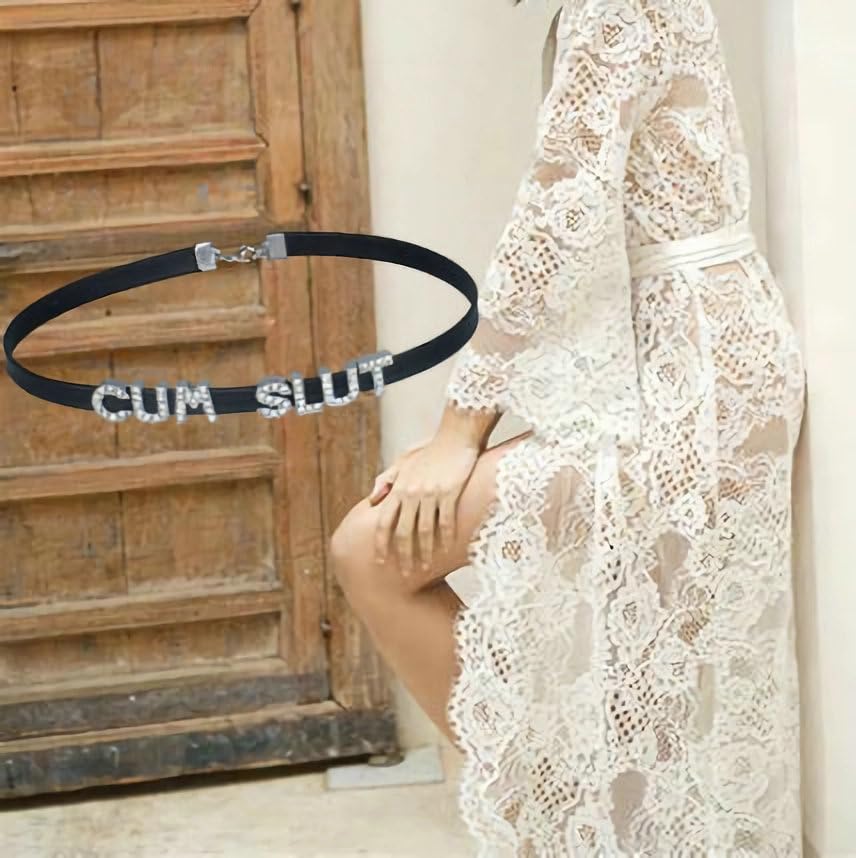 CUM SLUT Rhinestone Choker Necklaces For Wife and Husband,Artifical Crystal Punk PU Leather Collar Chokers For Lover,Gothic Letters Jewelry For Women2