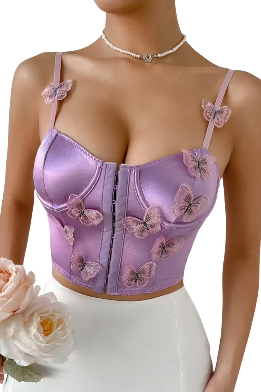 Women's Butterfly Dreams Lilac Satin Corset Top, Bustier Crop Top with 3D Butterfly Appliques, Front Hook Closure, Adjustable Straps, Party Club
